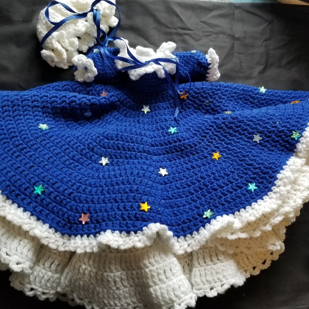 Hand Crochet Doll Dress Set, Includes: Blue and White Dress, Bloomers, Bonnet